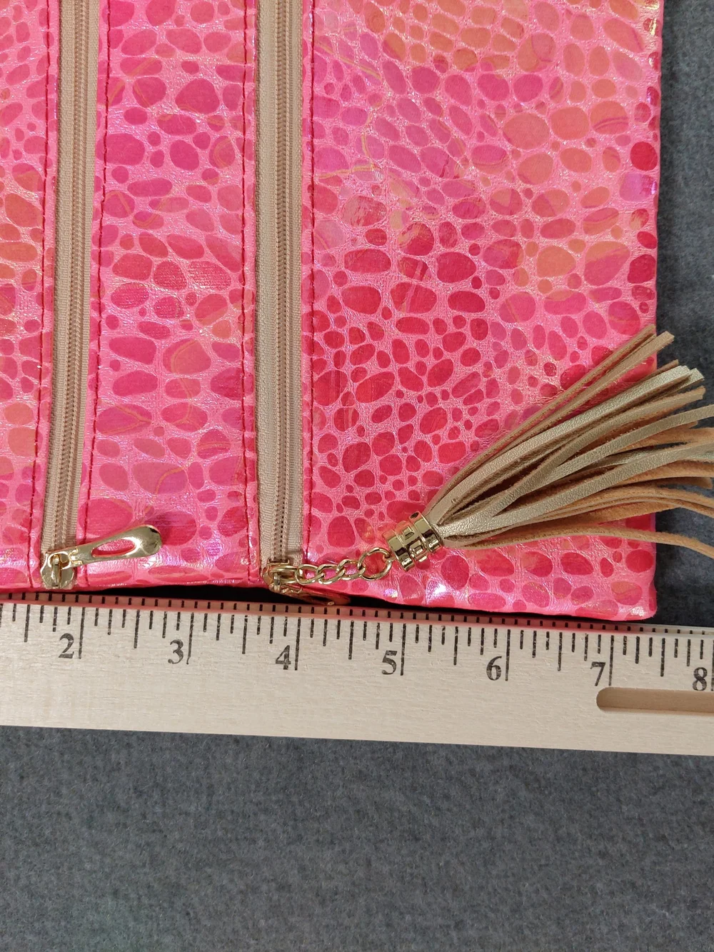 Metallic Hot Pink Textured Multi Zipper Cosmetic Bag Pouch with Peach Patch